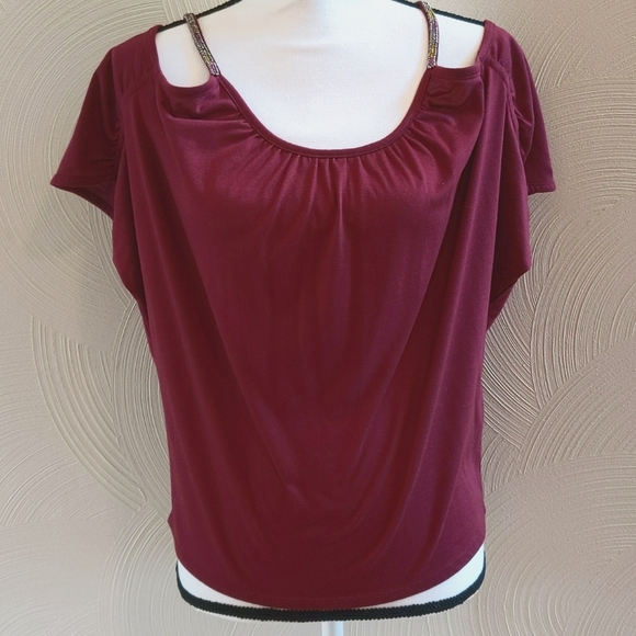 Jessica Simpson Cold Shoulder Beaded Strap Boho Style Blouse - Picture 1 of 5